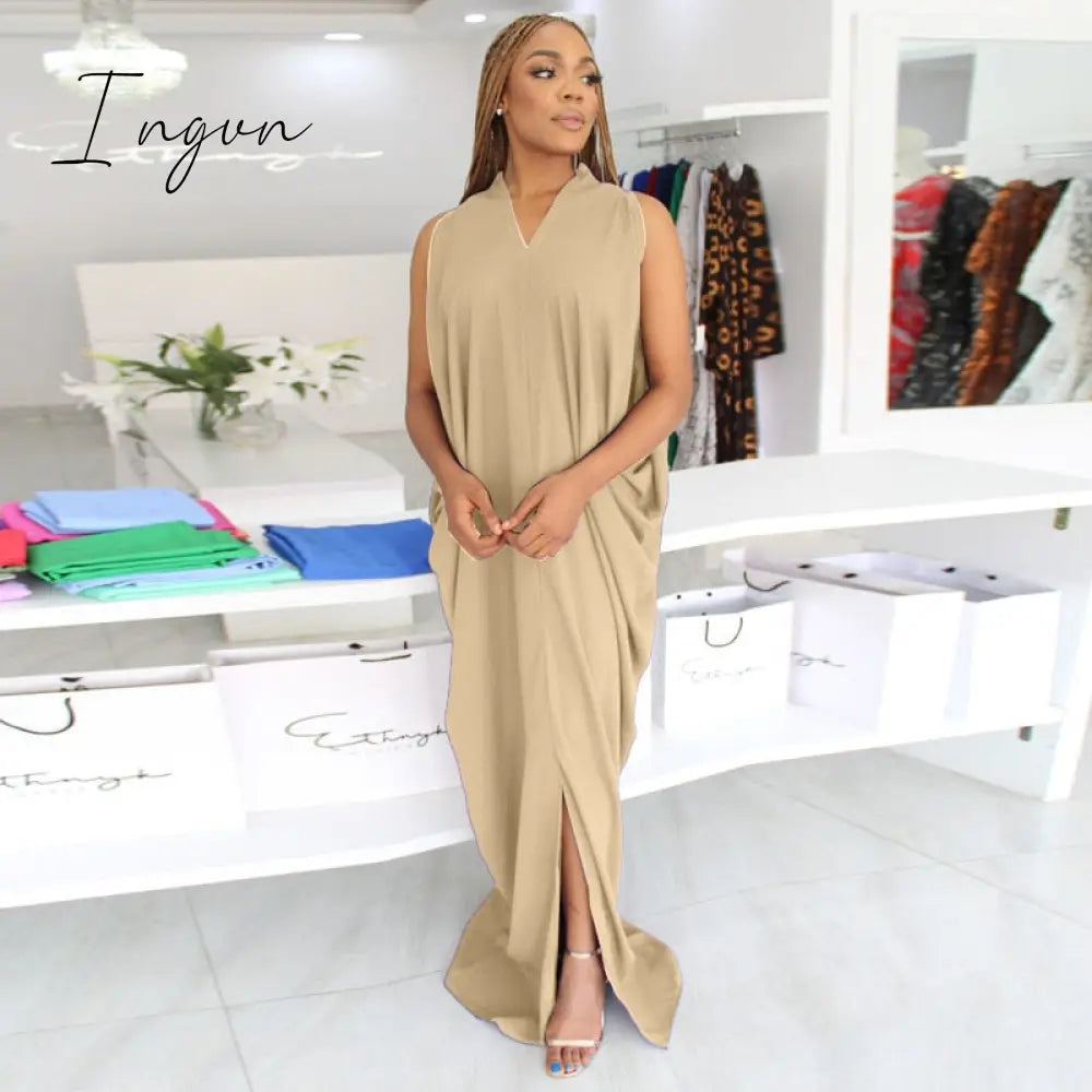 Ingvn - Casual Loose Long Vest Dress Baggy Oversized V Neck Solid Shirt Dress Loose Drapped Maxi Robes Women Basic Daily Beach Outfits