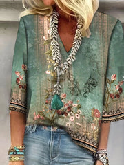 Tribal Print Casual V-Neck T-Shirt - Chic, Durable & Perfect for Spring to Fall, Easy Maintenance