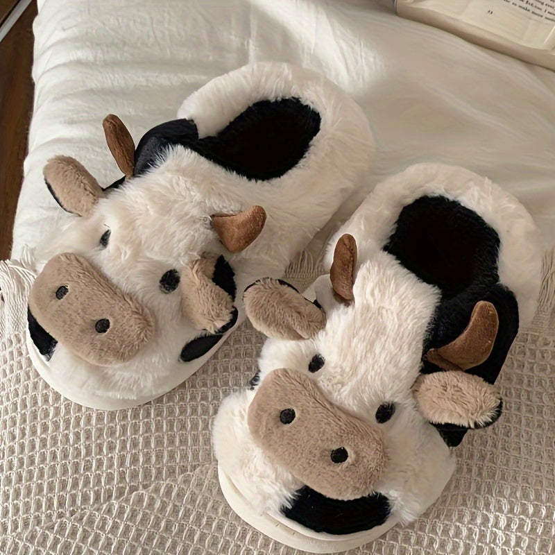 Cow Pattern Plush Slippers - Soft Fabric Lining, Cartoon Design, Comfortable Indoor Shoes with TPR Sole for Cozy Home Wear - Casual Slip-On Style