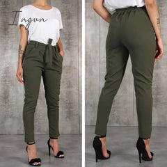 Ingvn - Casual Slim Chiffon Thin Pants For Women High Waist Black Khaki Green Pants Woman Trousers
