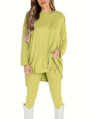 Plus Size Casual Outfits Set, Women's Plus Solid Long Sleeve Round Neck Oversized Top & Leggings Outfits Two Piece Set