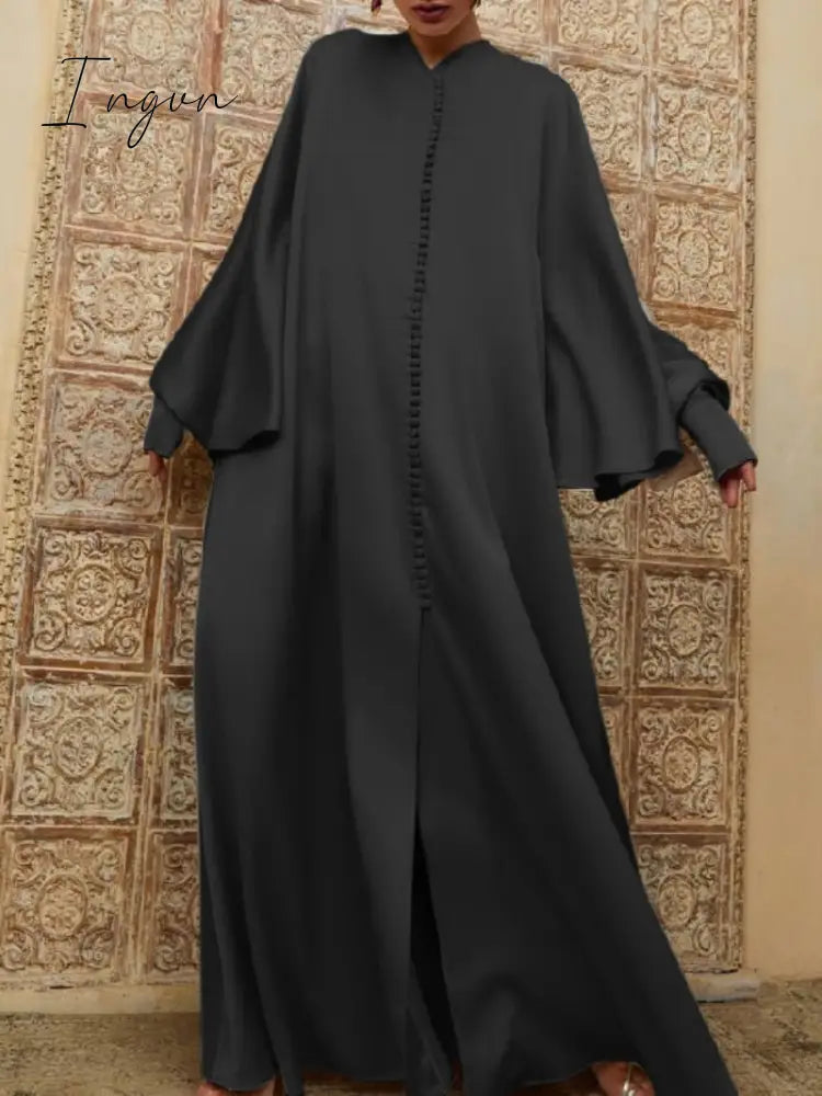 Ingvn - Lemongor Muslim Dubai Turkey Islam Dress 2023 Spring Batwing Sleeve Split-Front Solid Color Elegant Party Maxi Dresses For Women