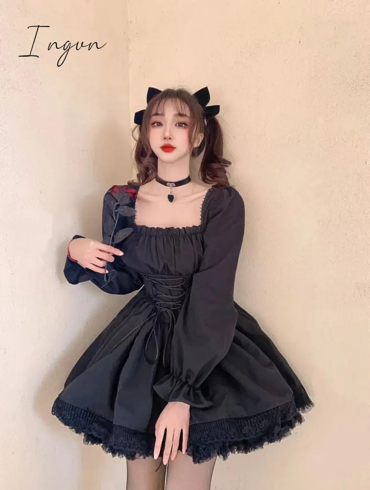 Ingvn - Womens New Trends White Lolita Dress Kawaii Vinatge Long Sleeve Mini Dresses Black Gothic Bandage Lace Patchwork Streetwear Square Collar