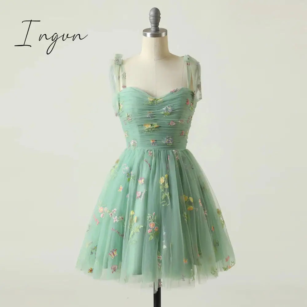 Ingvn - 2023 Elegant Party Dress Prom Dresses Mint Green Adjustable Straps Shiny Love Tulle Tea Length Wedding Party Graduation Dress