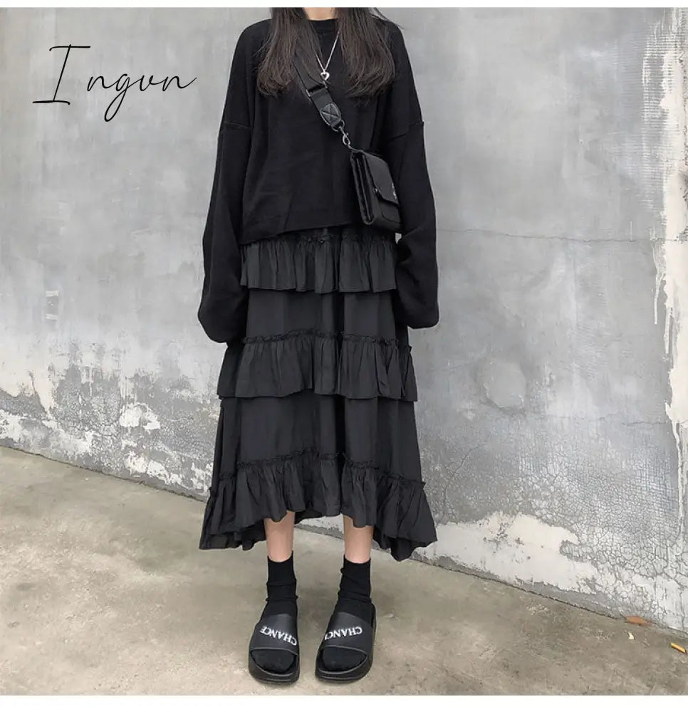 Ingvn - Midi Long Skirts Womens Maxi Skirt Goth Lolita Summer High Waisted Asymmetrical High Low Ruched Ruffle Skirts rok