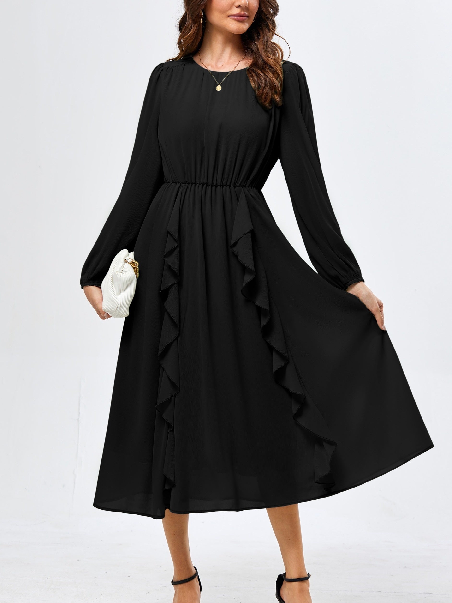 Womens Long Sleeve Wedding Guest Dresses Flowy Chiffon Ruffled A Line Midi Dresses 2024 Fall Casual Long Dress