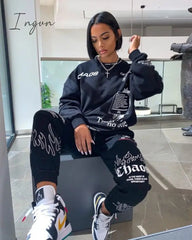 Ingvn - Trends Women Tracksuit 2 Piece Set Autumn Letter Print Oversized Hoodies Sweatshirt Joggers Pants Suit Sweatpants Outfits Matching Set