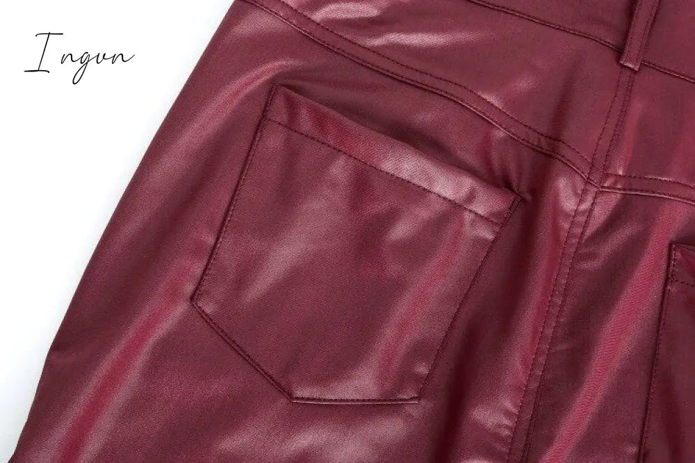 Ingvn - PU Leather Pants Women High Waist Button Zipper Slim Push Up Woman Pencil Pants Casual Pockets Blue Skinny Women Pants Plus Size