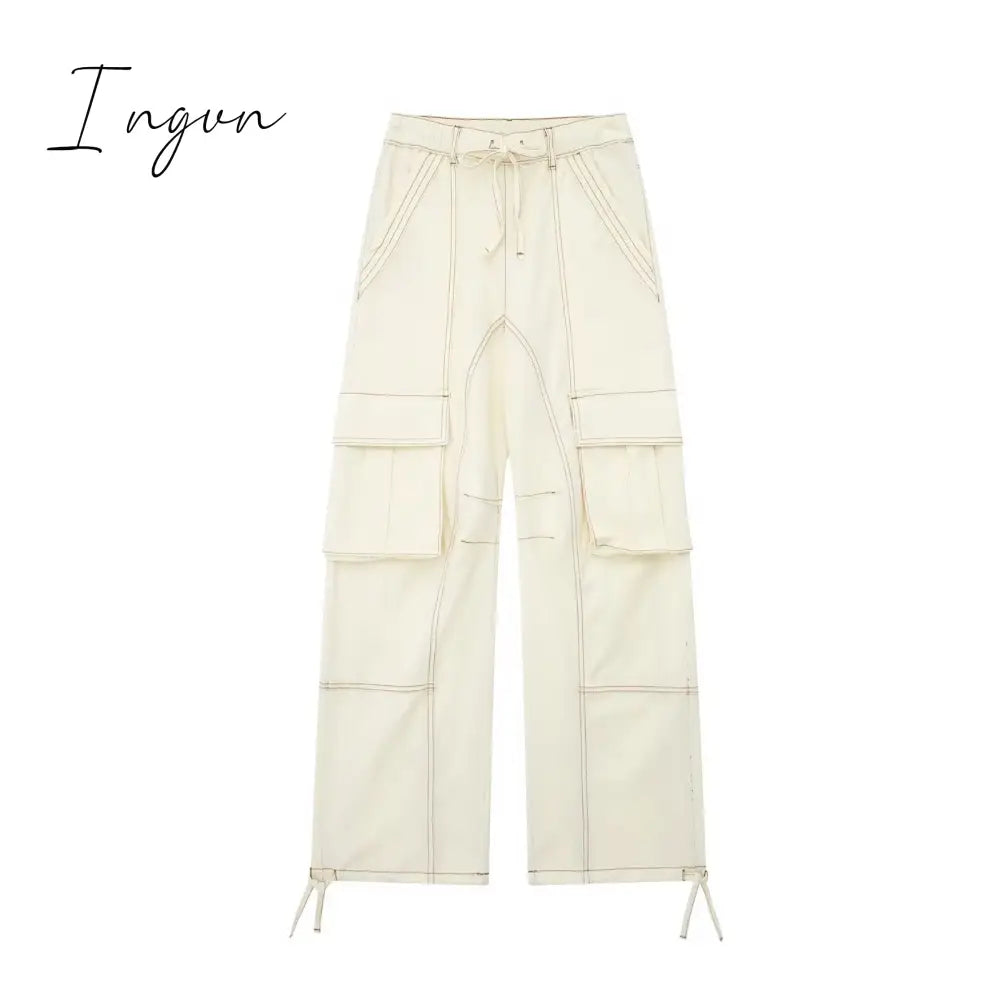 Ingvn - 2023 Cargo Pants for Women Beige Wide Leg Pants Women Summer High Waist Woman Trousers Holiday Casual Baggy Pants Woman