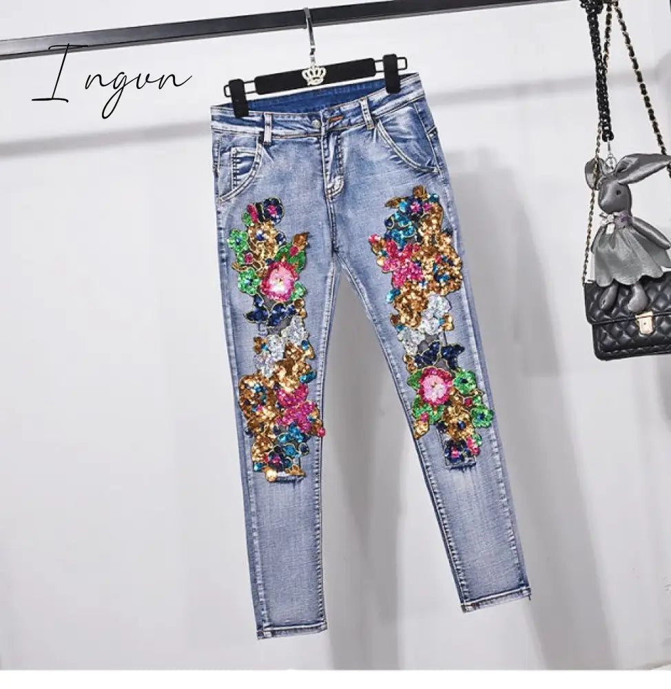 Ingvn - European Style Denim Suit Fashion Outfit Women New Flower Sequined Denim Jacket Short Jacket &amp; Jeans Pants Two-Piece Set Female