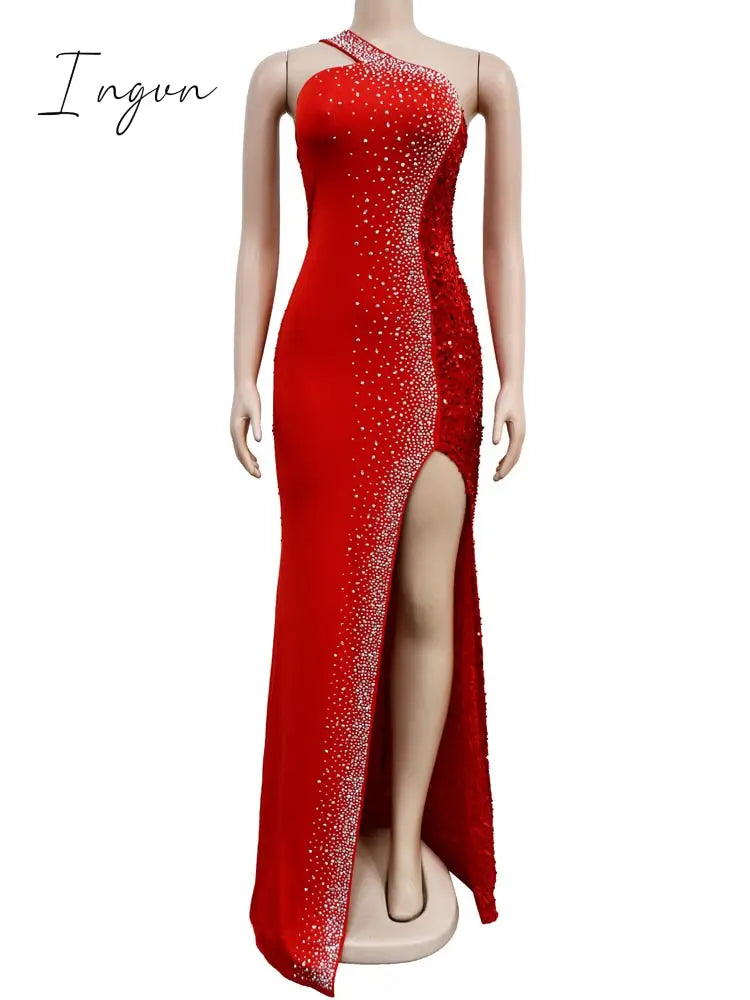 Ingvn - Sexy One Shoulder Backless Diamond Sequin Long Bodycon Dress Women Club Party High Split Sleeveless Elegant Slim Dress