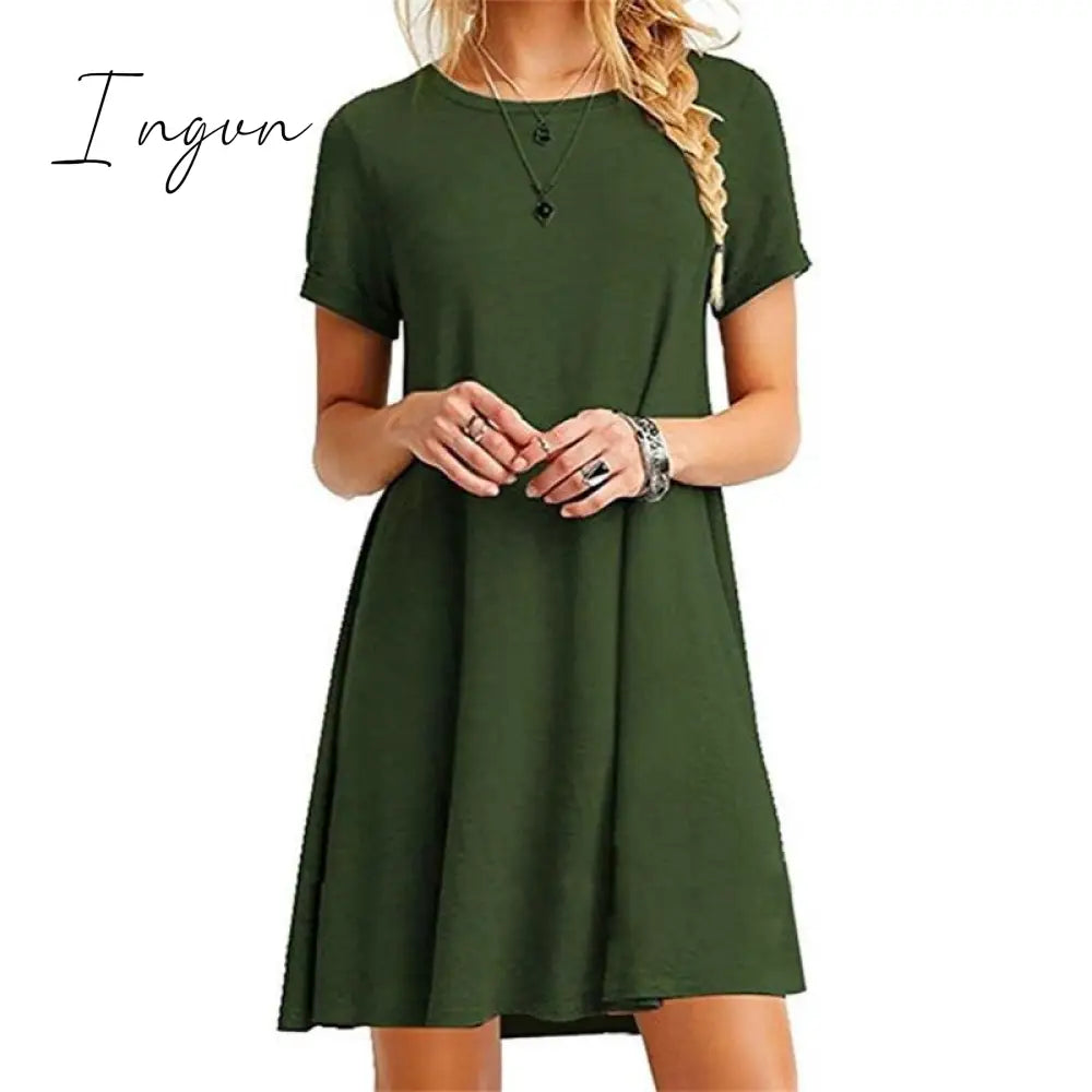 Ingvn - Women Female Short Sleeve Loose Mini Short A-line Dresses Summer Beach Casual Dress Candy Color S-XXL