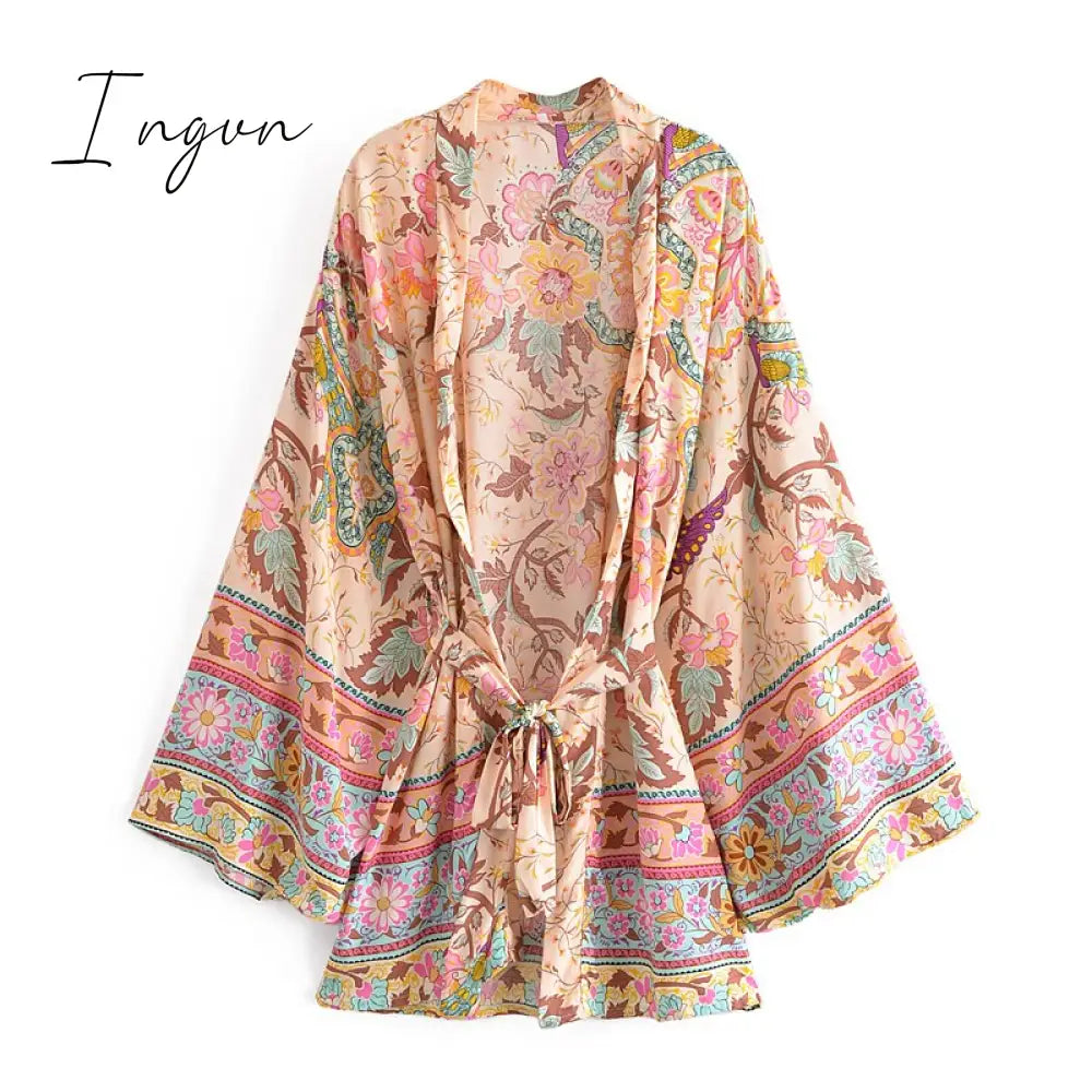 Ingvn - Vintage Peacock Floral Print Sashes Bohemian Kimono Women V Neck Batwing Sleeves Short Robe Boho Bikini Cover-ups