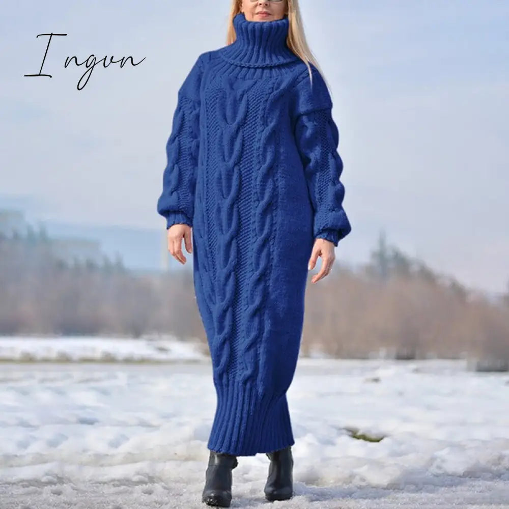 Ingvn - Sweater Dress Women Long Sleeve High Neck Knitted Pullover Dress Soft Warm Solid Color Oversize Bodycon Jumper Female Dress