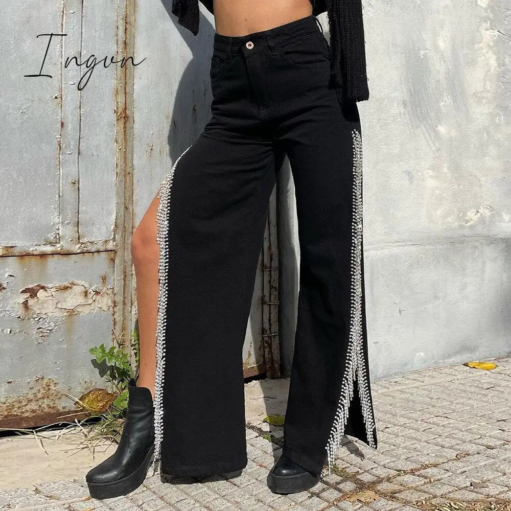 Ingvn - High Waisted Side Split Out Jeans Women Casual Loose Cargo Black Pants Streetwear Summer Wide Leg Long Baggy Y2k Jeans