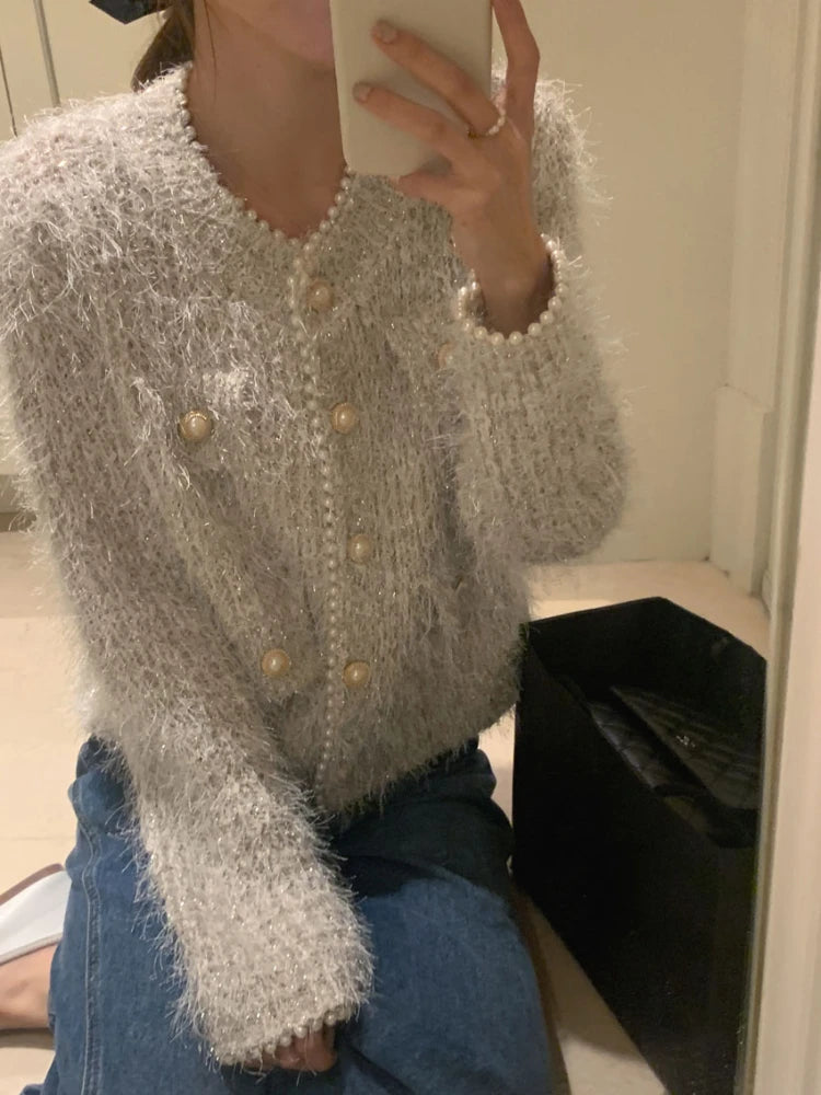 Vintage Temperament Bead Sweater Women Autumn Winter Tops O Neck Knitting Cropped Cardigan Korean Fashion Suéteres