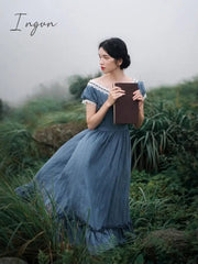 Ingvn - Women Pink Dress Summer Vintage Elegant Slim European Romance Blue Dress Retro Lace Sexy Slash Neck Casual Everyday Midi Dress