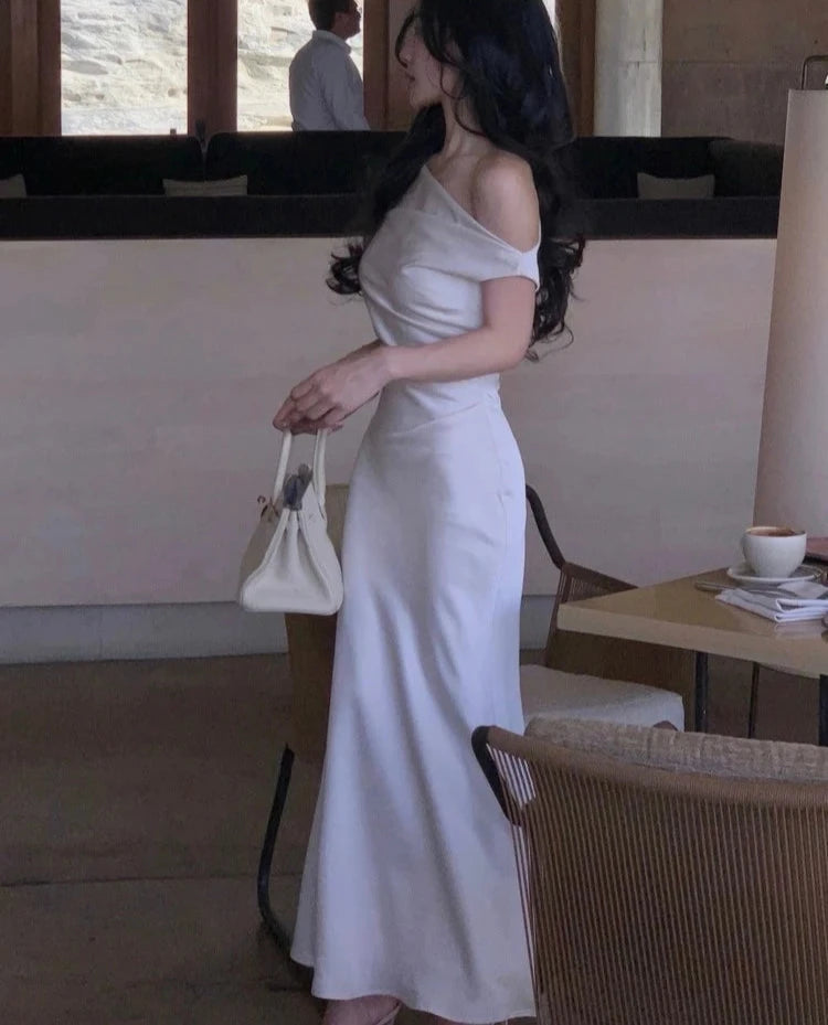 Women Elegant Solid Evening Party Dresses Summer Fashion Korean Graduation Formal Dress Off Shoulder Slim Vestidos Clothing