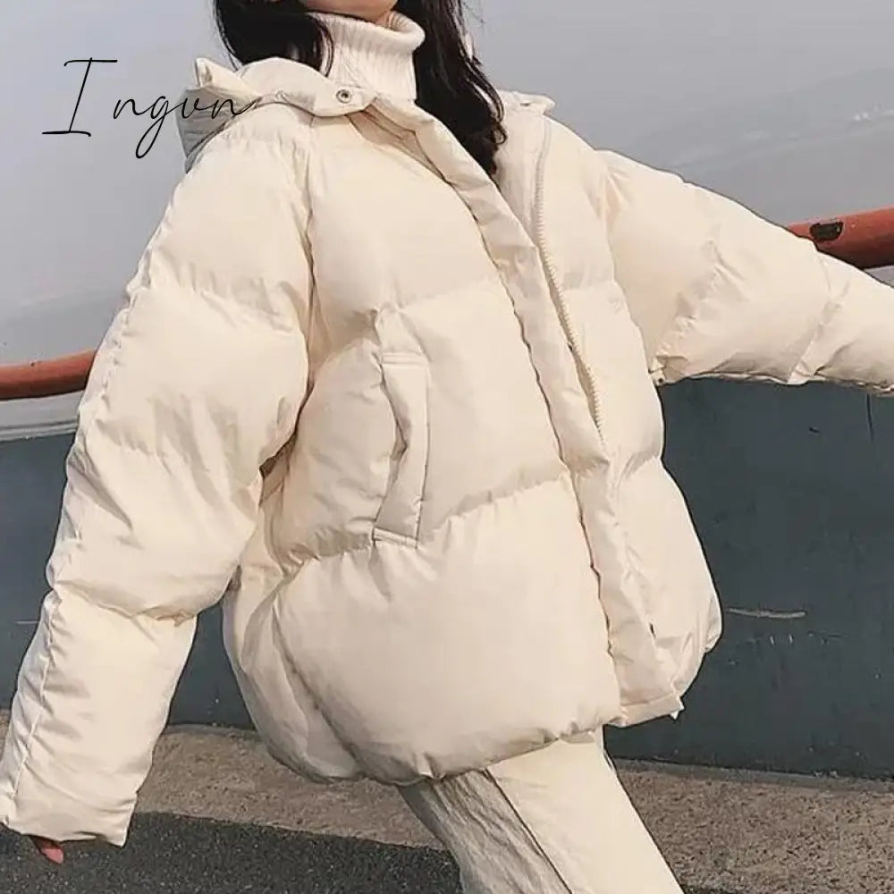 Ingvn - winter women's hooded zipper loose down jacket women's solid color short wild Korean version of the new