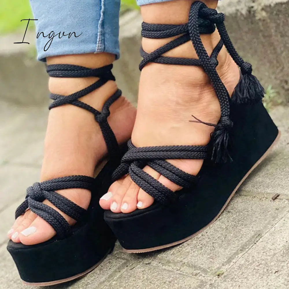 Ingvn - Solid Velvet Ankle Strap Platform Sandals