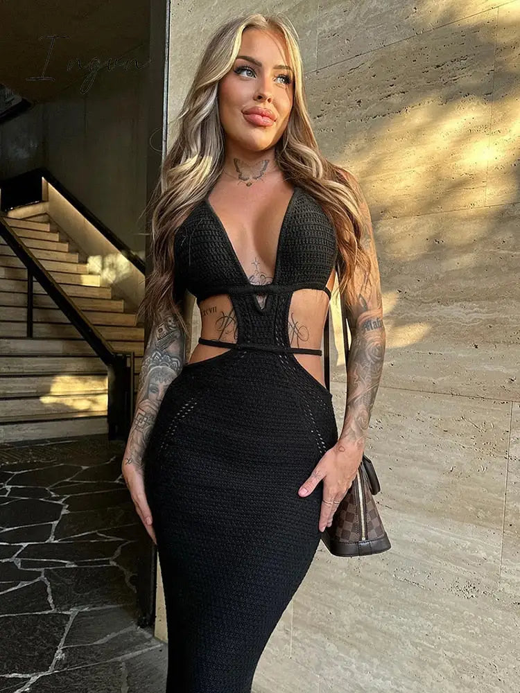 Ingvn - Hollow Out Halter Sexy Mini Dress Women Summer New Sleeveless Backless Skinny Club Party Knit Tank Dress Vestido