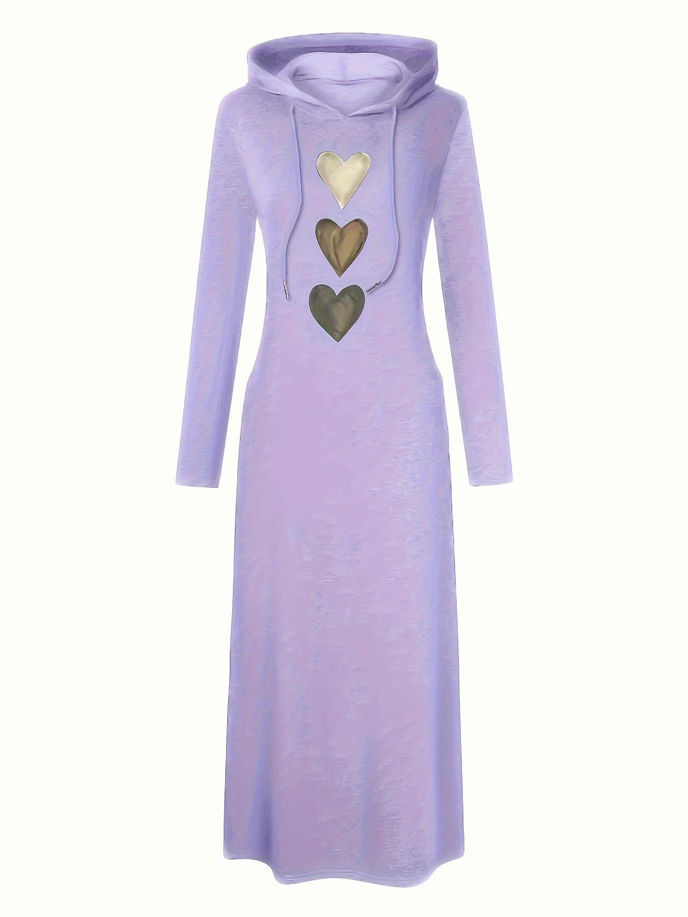 Chic Heart Print Drawstring Hooded Maxi Dress - Women's Casual Long Sleeve Fall & Winter Clothing - Soft, Cozy, and Versatile Fashion for Everyday Wear