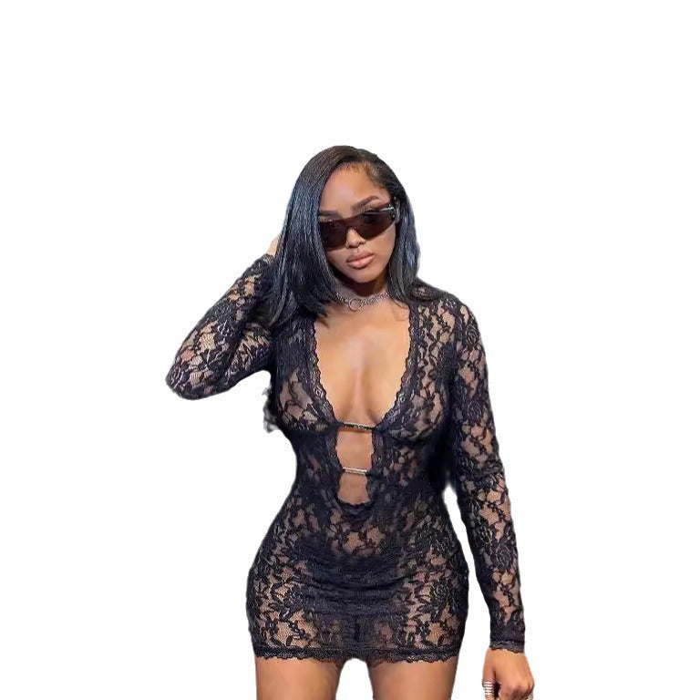 European and American Solid Color Lace Sexy Low Neck Hollow Long Sleeve Hip Skirt Women's Slim-fit dress Summer