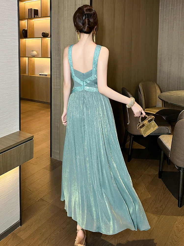 Elegant Host Evening Dress Women's French Hanging Neck Shiny Silk Satin Backless Waist Large Swing Robe Party Catwalk Vestidos
