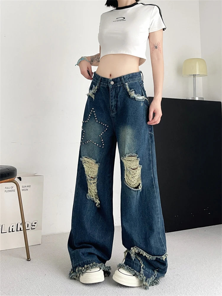 Ingvn  Women's Broken Hole Tassel Star Jeans Young Girl Straight Denim Trousers Vintage Street Style Bottoms Female High Waisted Pants