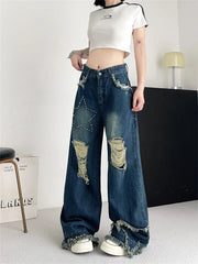 Ingvn  Women's Broken Hole Tassel Star Jeans Young Girl Straight Denim Trousers Vintage Street Style Bottoms Female High Waisted Pants