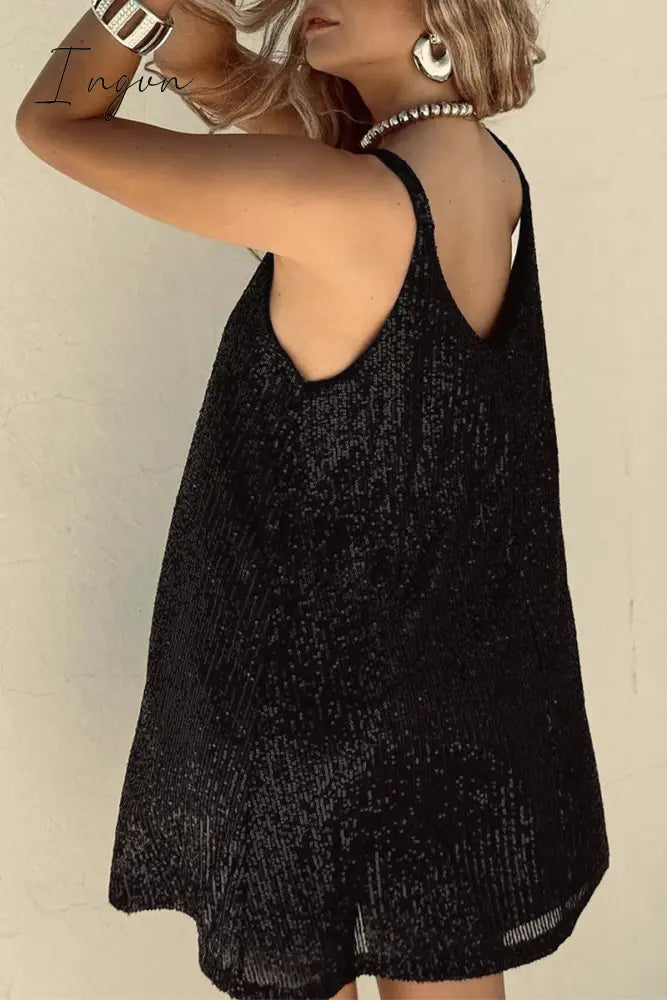 Ingvn - Sexy Solid Sequins V Neck Sling Dress Dresses