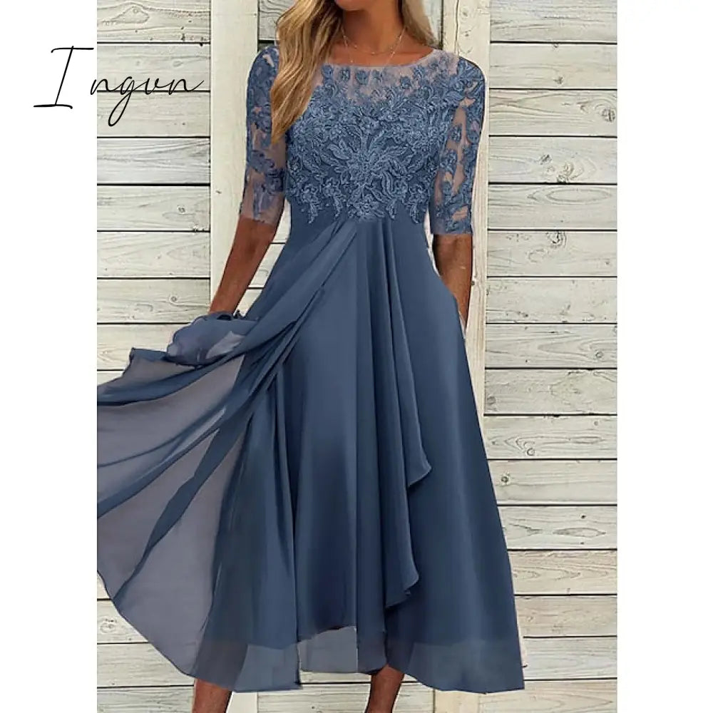 Ingvn - Women‘s Cocktail Party Dress Lace Dress Midi Dress Green Blue Purple Half Sleeve Floral Embroidery Lace Summer Spring Crew Neck Elegant Classic Wedding Guest 2023 S M L XL XXL 3XL