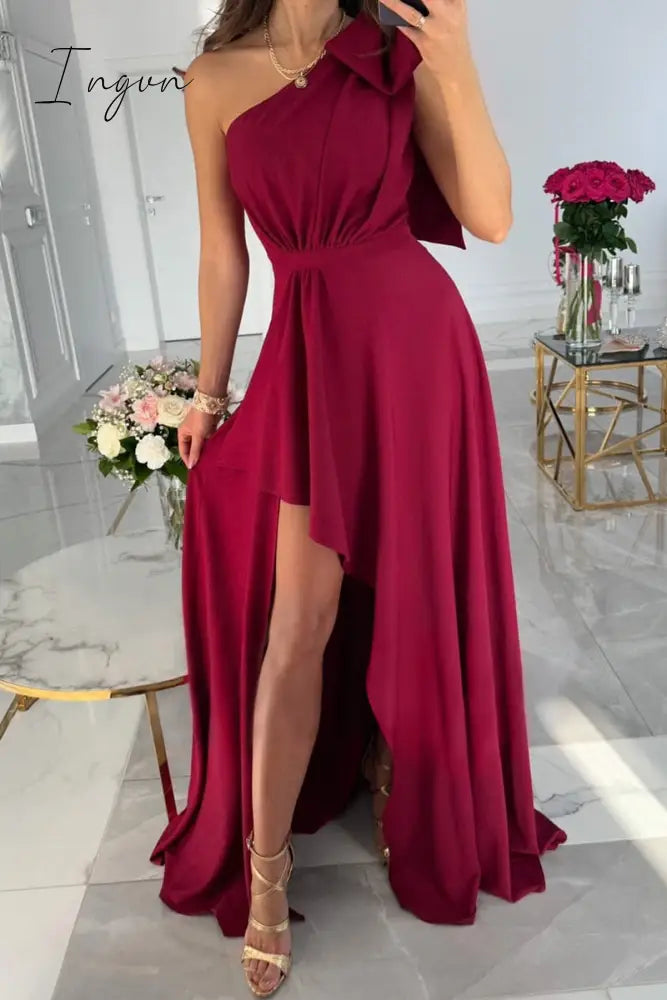 Ingvn - Casual Simplicity Solid Asymmetrical With Bow Oblique Collar Irregular Dress Dresses