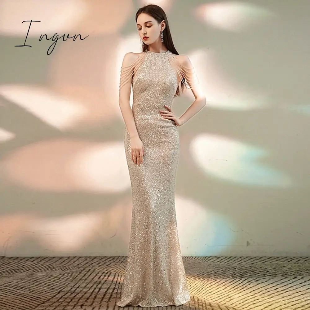 Ingvn - Trends high quality Elegant Off Shoulder Beaded Sequin Evening Dress Women Sliver Party Bodycon Maxi Dress