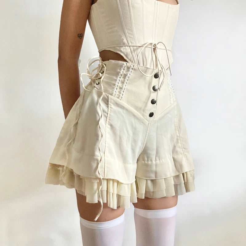 Rockmore Mesh Patchwork Hot Sweet Shorts Gentle Cute High Waist Women Y2K Coquette Aesthetic Summer Casual Mini Short Pants