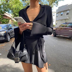Ingvn - Black Satin V-Neck Shirt Dress Women Autumn Winter Flare Sleeve Lace Up Mini Dresses Elegant Ladies Party Vestidos