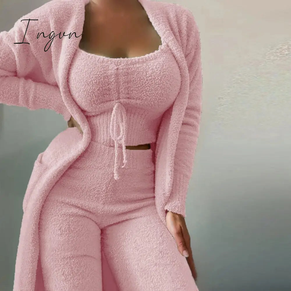 Ingvn - Women Elegant Fleece Soft 3 Piece Suit Fashion Square Collar Drawstring Tops+Long Cardigan Outfits Casual Pajamas Solid Set