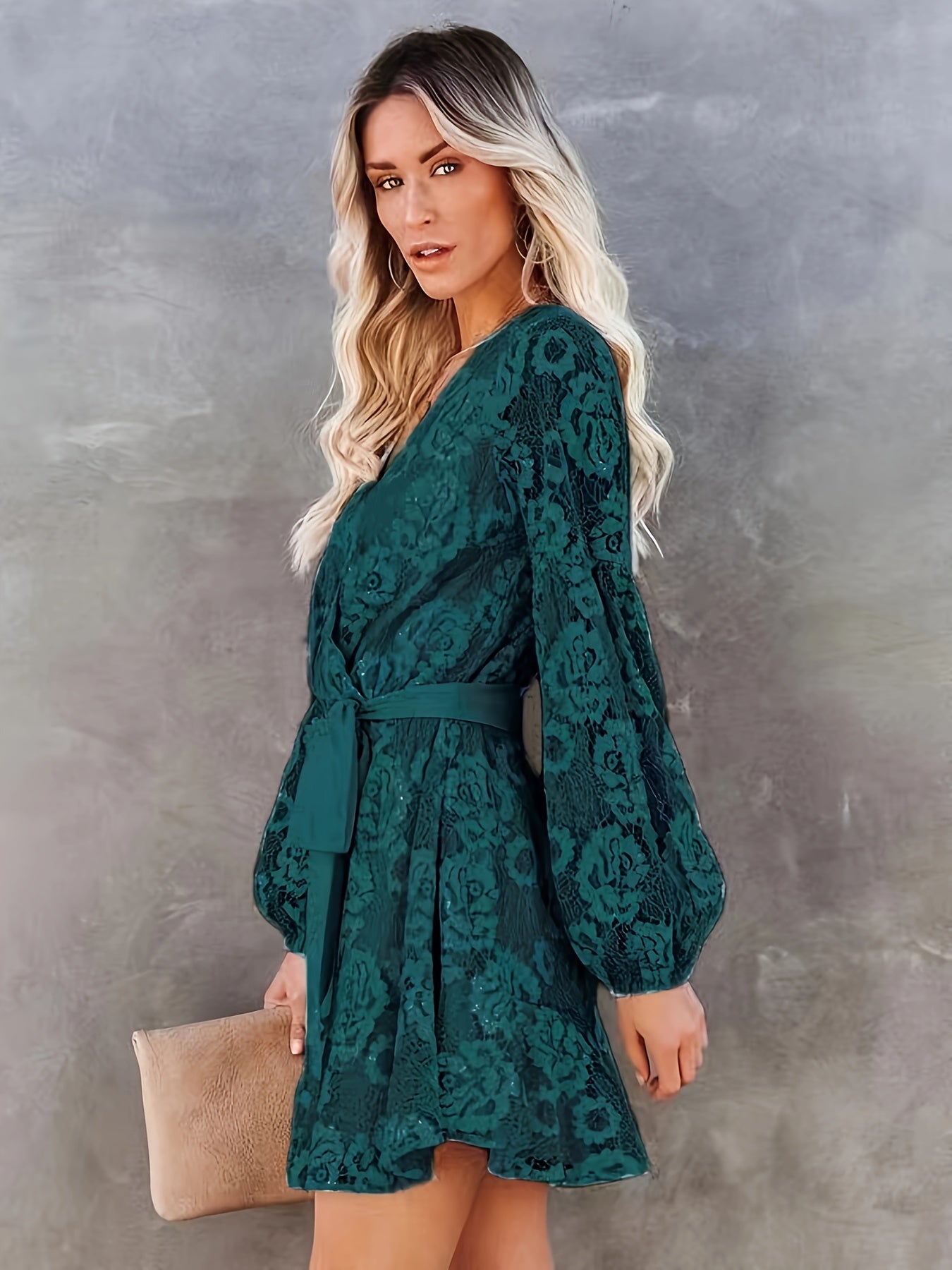 Guipure Lace Surplice Neck Dress, Elegant Lantern Sleeve Tie Waist Dress For Spring & Fall, Women's Clothing