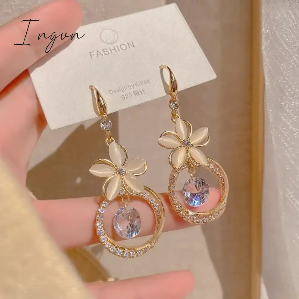 Exquisite Opal Flower Earrings For Women Rhinestone Long Tassel Zircon Earring Girls Wedding Party Temperament Jewelry New