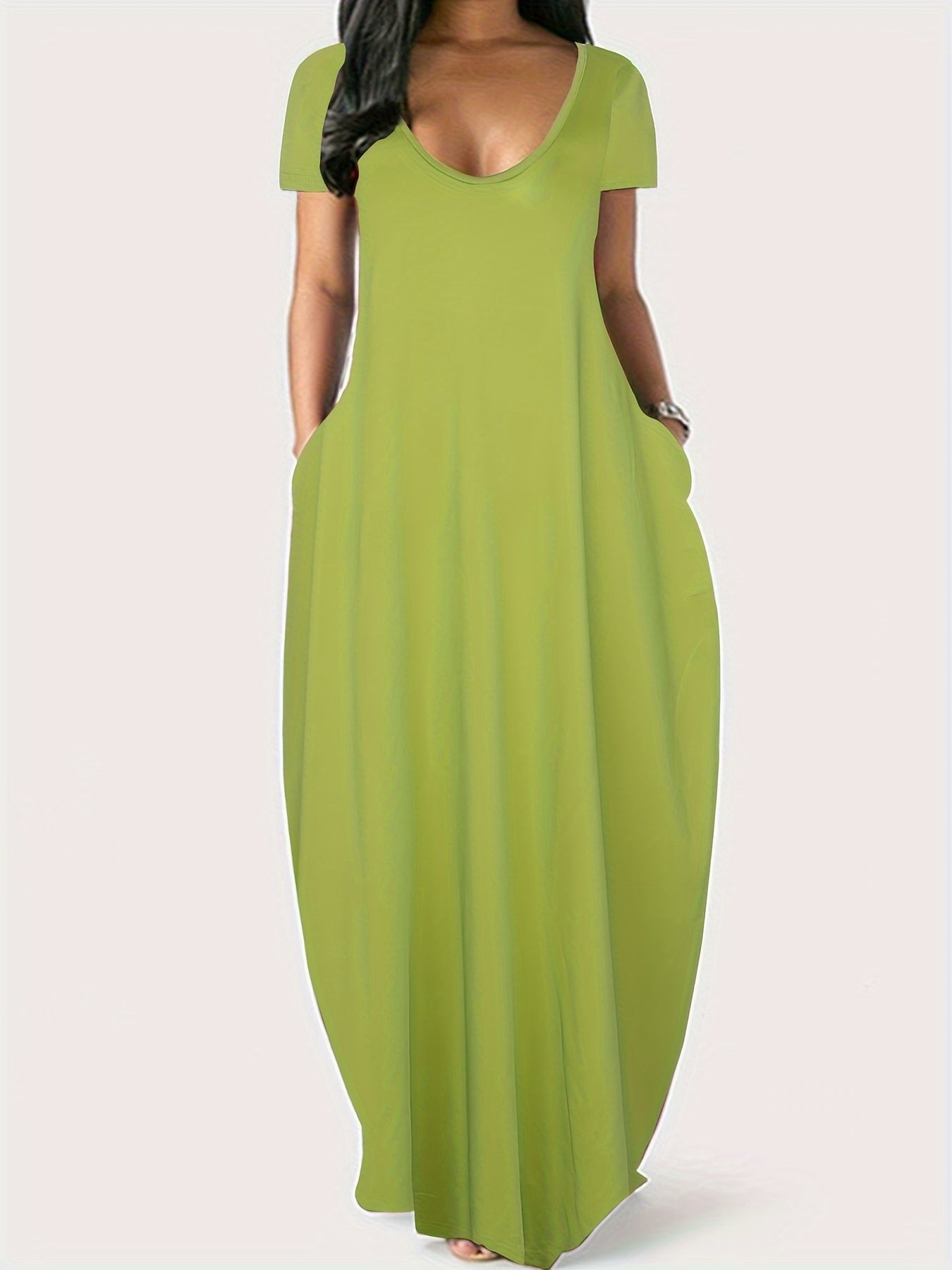 Elegant & Versatile Maxi Dress - Short Sleeve, Pockets, Mid-Elasticity for Women, Ideal for Spring to Fall