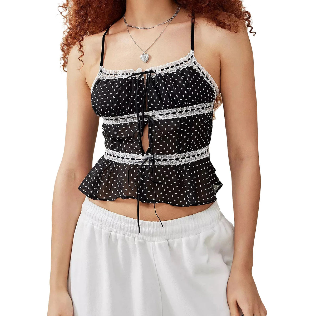 Women Dot Print Camisole Slim Lace Trim Tie Front Square Neck Backless Spaghetti Strap Crop Tank Tops Summer Clothes