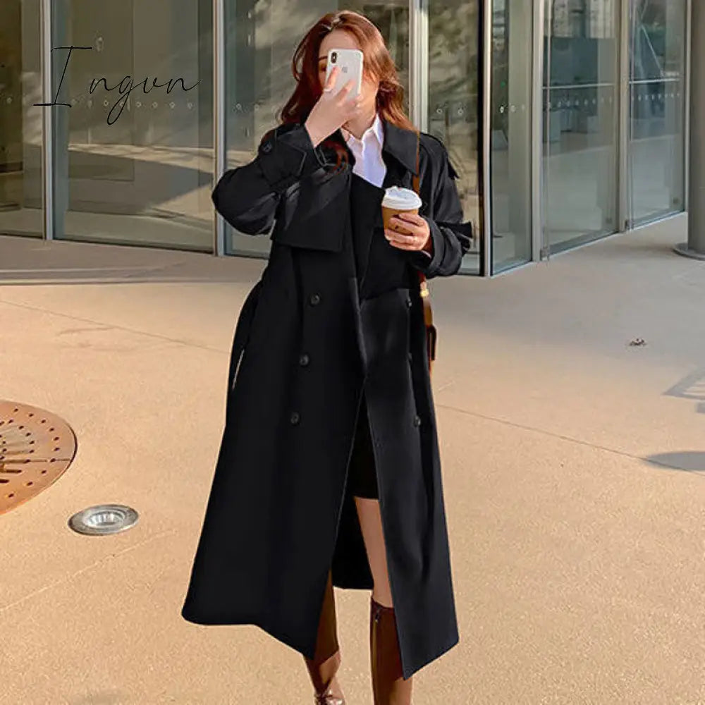 Ingvn - 2023 Spring Woman Long Trench Coat Fashion Korean Streetwear Loose Cloak Casual Elegant Khaki Black Women's Windbreaker Coat New