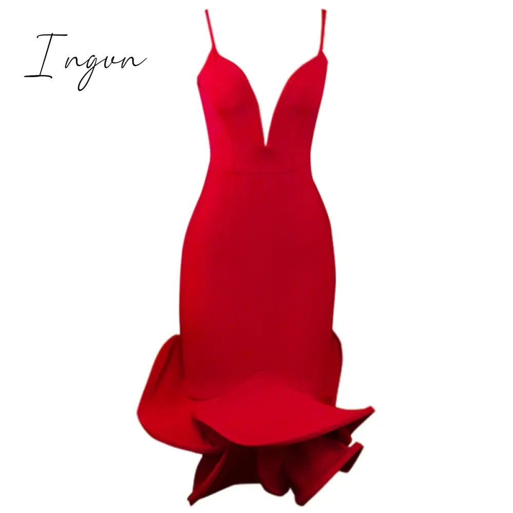 Ingvn - High Quality Pink White Black Slip Ruffles Rayon Bandage Dress Elegant Evening Party Dress
