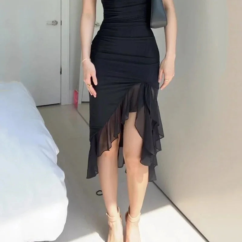 Women Maxi Dress Summer Elegant Solid Sleeveless Nipped Waist Slim Backless Ruffled Irregular Party Dresses Streetwear