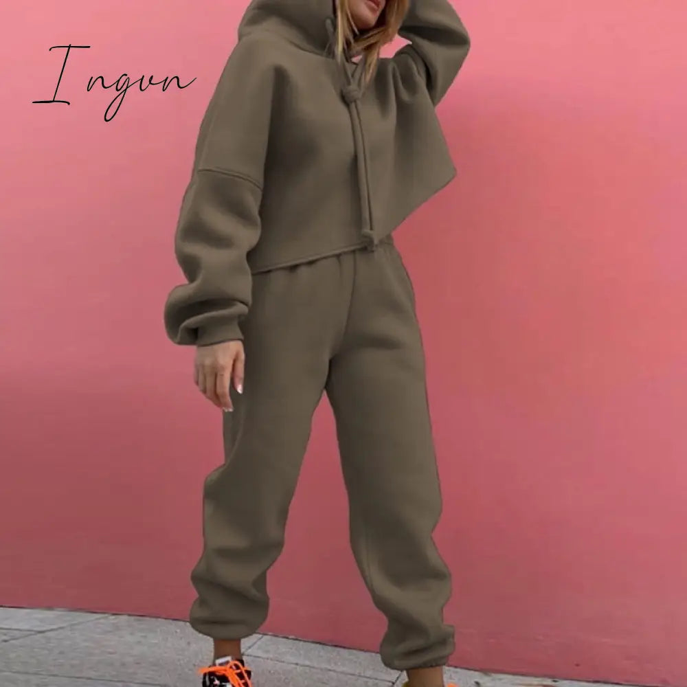 Ingvn - Fashion Loose Casual Hoodie Suit Two Piece Set Womens Tracksuits  Womens Solid Color Two Piece Sets Thick Warm Suits