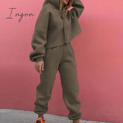 Ingvn - Fashion Loose Casual Hoodie Suit Two Piece Set Womens Tracksuits  Womens Solid Color Two Piece Sets Thick Warm Suits