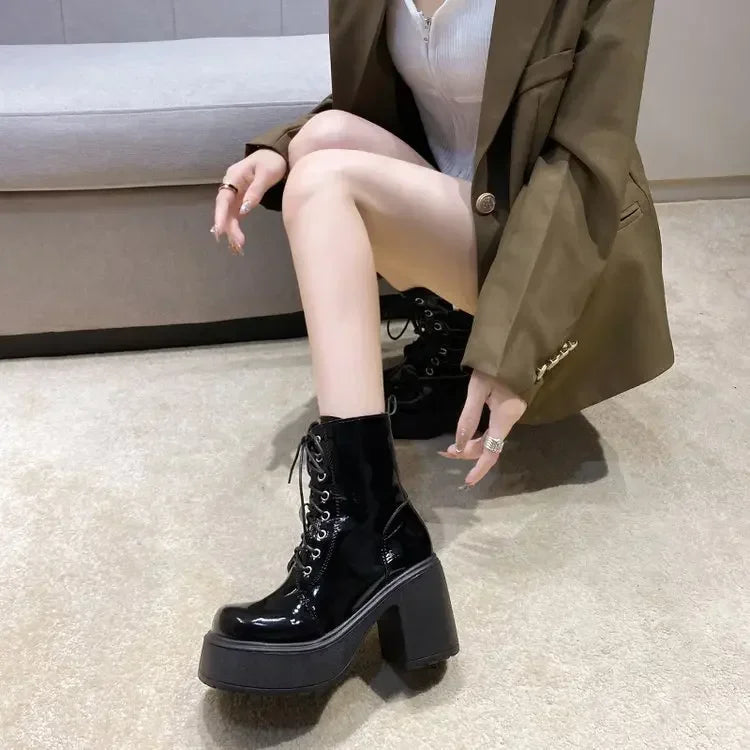 Spring Autumn Women Ankle Boots Waterproof Platform Lace Up Thick Heel Short Boots Fashion 9cm High Heel Leather Botas for Women