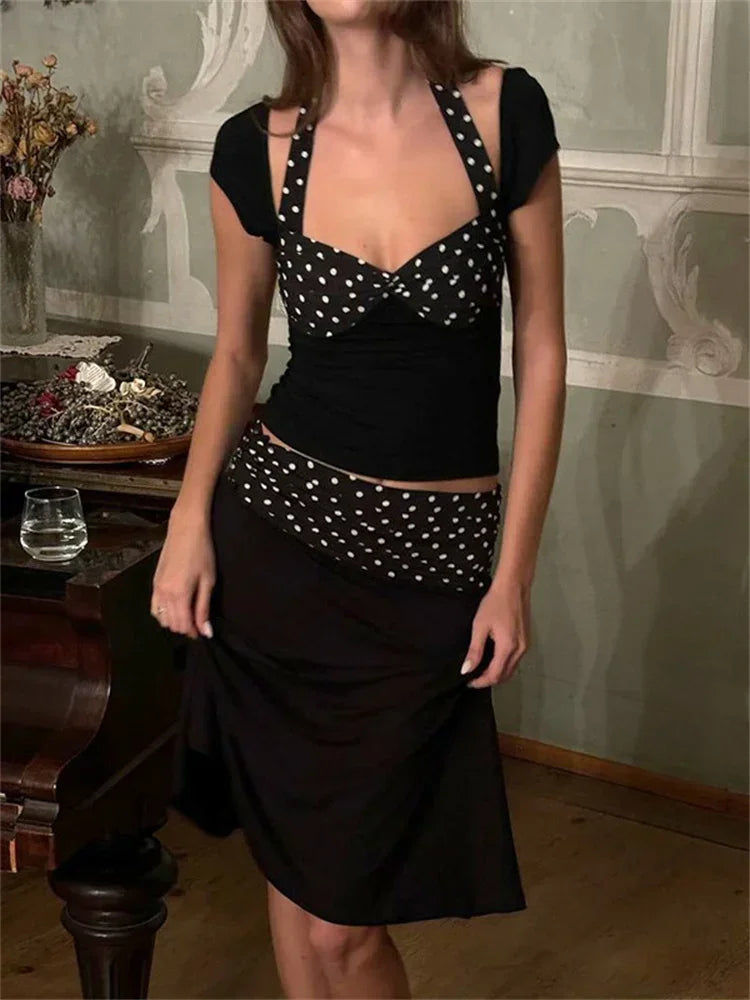 Patchwork Fashion 2 Piece-Set MIni Skirt For Women Lace-Up Contrast Backless Cropped Top And High Waist Skirt Sets Female