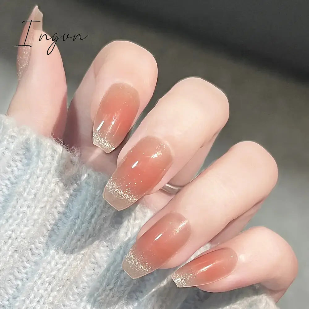 24pcs Short Glitter Purple False Nails  Almond Stiletto French Wearable Fake Nails Art Artificial Full Cover Press on Nail Tips