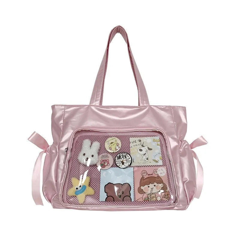Ingvn  Sweet Ribbon Satin Bow Tote Bag Ballet Style Original Comic Handbag Beautiful Double Large Capacity Student Shoulder Bag